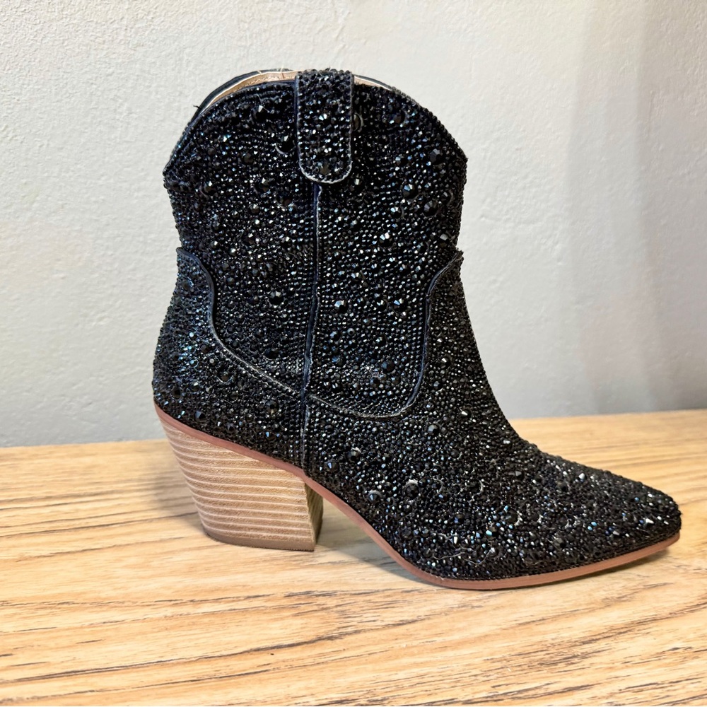 Black Betsey Johnson Western Glass Rhinestone Ankle Boots w/Chunky Heel -Sz 7.5